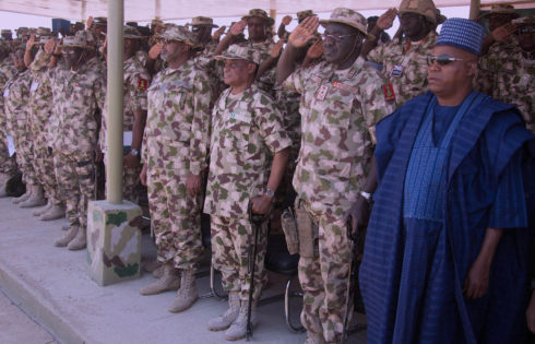 SAMBISA FOREST CAMP ZAIRO. 0A&B;   Minister of Defence, Brig Gen Mansur Dan-Ali, representing President Muhammadu Buhari, inspects Quarter guards at the opening of the Nigerian Army Small Arms Championship at Camp Zairo, Sambisa Forest,  Borno State on Monday MAR 27 2017. STATEHOUSE PHOTO; SUNDAY AGHAEZE.