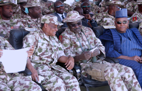 SAMBISA FOREST CAMP ZAIRO. 5. L Minister of Defence, Brig Gen Mansur Dan-Ali, representing President Muhammadu Buhari, the Chief of Army Staff Lt Gen Tukur Buratai and Borno State Governor, Alhaji Ibrahim Shettima and other lawmakers inside Camp Zairo during the opening of the Nigerian Army Small Arms Championship at the Sambisa Forest Borno State on Monday MAR 27 2017. STATEHOUSE PHOTO; SUNDAY AGHAEZE.